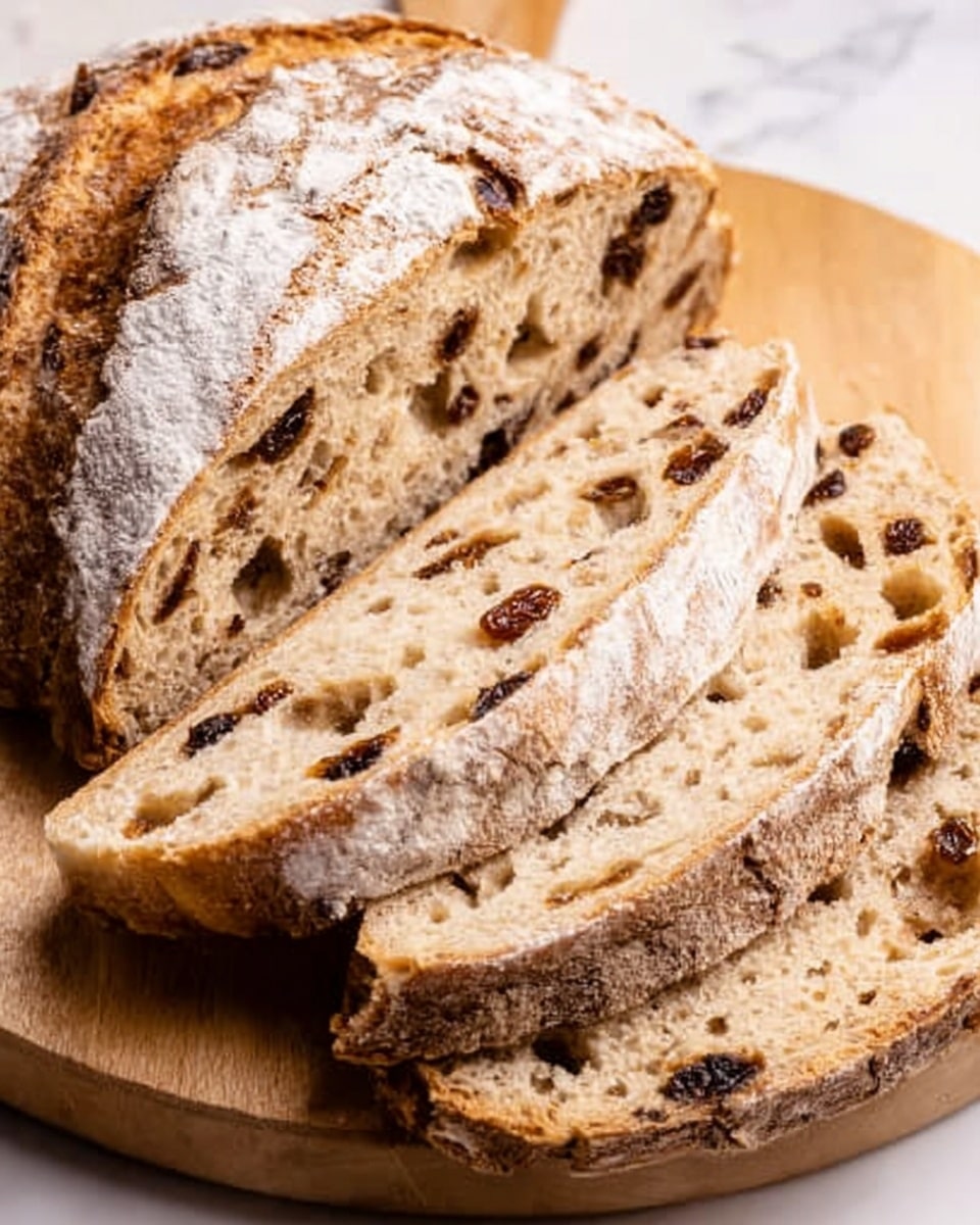 The image shows a loaf of bread on a light wooden cutting board placed on a white marbled surface. The bread is sliced into several thick pieces, revealing a soft, light beige inside filled with dark raisins or dried fruit bits scattered throughout. The crust on the outside is golden brown with a cracked, rustic texture and some flour dusted on top. The slices are stacked slightly overlapping, highlighting the chewy texture and moist interior of the bread. photo taken with an iphone --ar 4:5 --v 7
