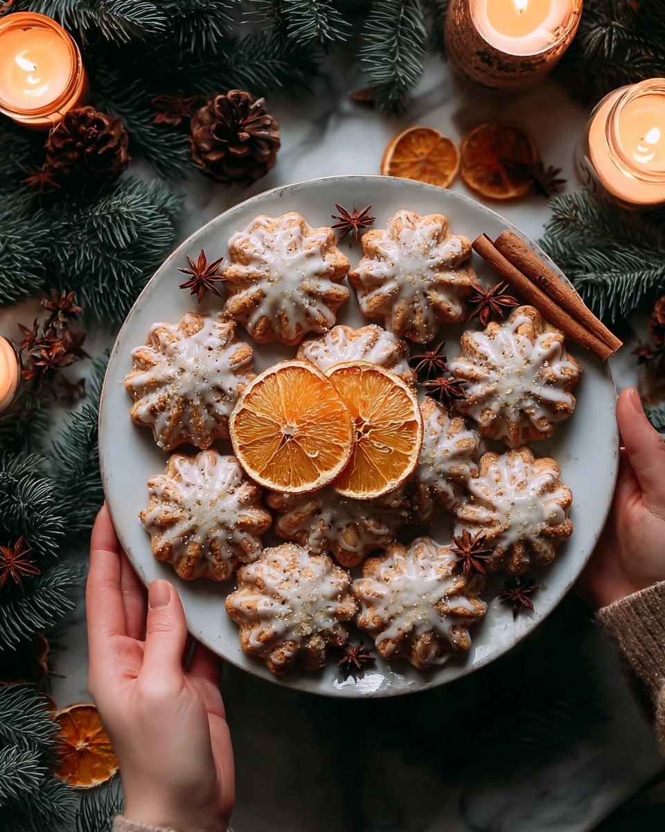 A white plate filled with eight round cookies, each shaped like a fluted flower with a light brown color and drizzled with white icing on top. The cookies have a slightly rough texture with sugar sprinkles shining faintly. Two dried orange slices lie on top of the cookies, their bright orange tones contrasting with the cookies. Near the orange slices are dark brown star anise pods adding a textured detail. Two cinnamon sticks, smooth and rich brown, rest at the side of the plate. A woman's hand holds the right edge of the plate. The plate sits on a white marbled surface surrounded by dark green pine branches, dried orange slices, pine cones, and lit candles giving a warm, cozy glow that softly lights the whole scene. photo taken with an iphone --ar 4:5 --v 7