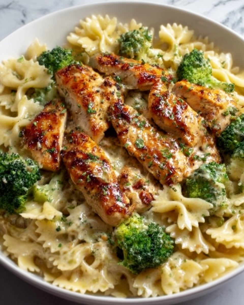 The image shows a white plate filled with bowtie pasta at the bottom layer, pale yellow in color and softly textured. On top, there are multiple pieces of grilled chicken with a golden-brown, slightly crispy surface, cooked with small red and green herb bits visible. Scattered broccoli florets with bright green color and a tender look are arranged evenly around the chicken and pasta. The whole dish looks warm and inviting, sitting on a white marbled surface. Photo taken with an iphone --ar 4:5 --v 7
