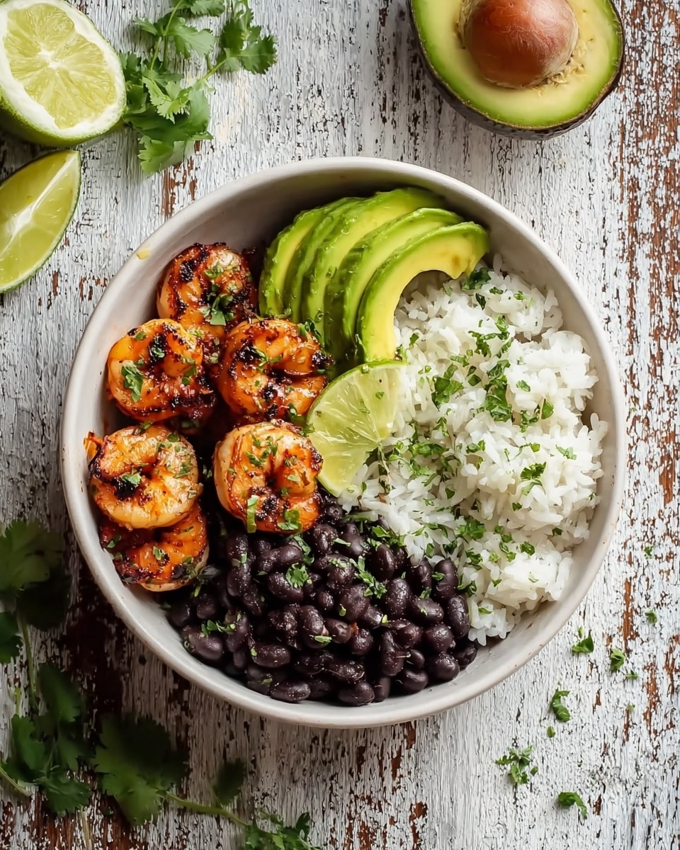 A white bowl filled with a colorful shrimp bowl, layered with white rice at the bottom right side, topped with chopped green herbs. Next to the rice on the bottom left side are six grilled shrimp, golden brown with grill marks and scattered green herbs. On the top right side, there is a pile of black beans, also sprinkled with herbs. Between the beans and shrimp, three slices of bright green avocado are neatly placed. A half lime sits on top of the black beans near the edge of the bowl. The bowl is on top of a white marbled textured surface with a halved avocado and two lime wedges nearby, and some scattered green herb leaves around. photo taken with an iphone --ar 4:5 --v 7