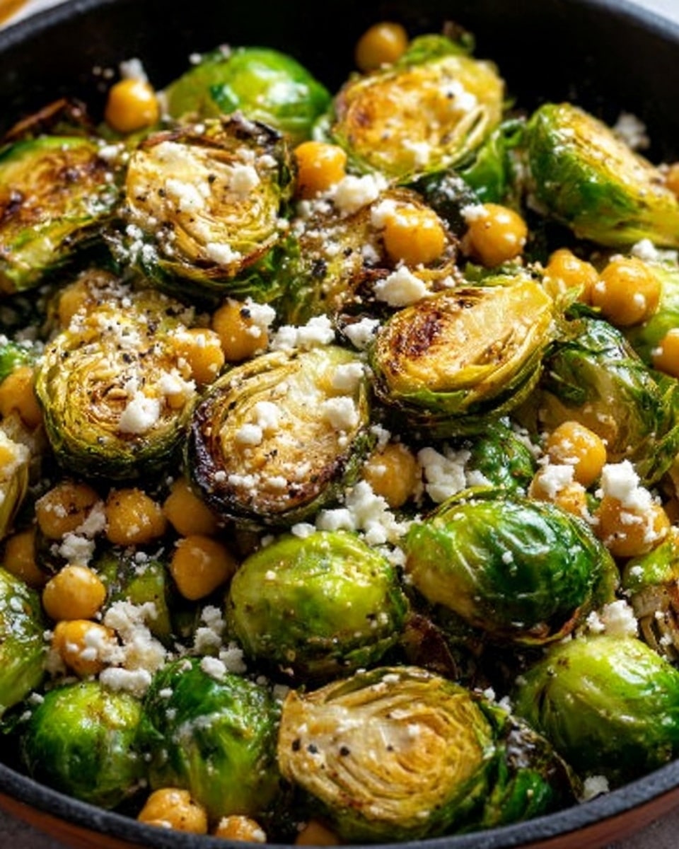 A close-up image shows a black skillet filled with roasted Brussels sprouts. The Brussels sprouts are cut in half, showing a golden brown crust on the cut sides and bright green outer leaves. Scattered among the sprouts are small yellow chickpeas, adding a pop of color. The Brussels sprouts have a light coating of oil that makes them look shiny, and there are small bits of white crumbly cheese sprinkled on top. The skillet sits on a white marbled surface. photo taken with an iphone --ar 4:5 --v 7