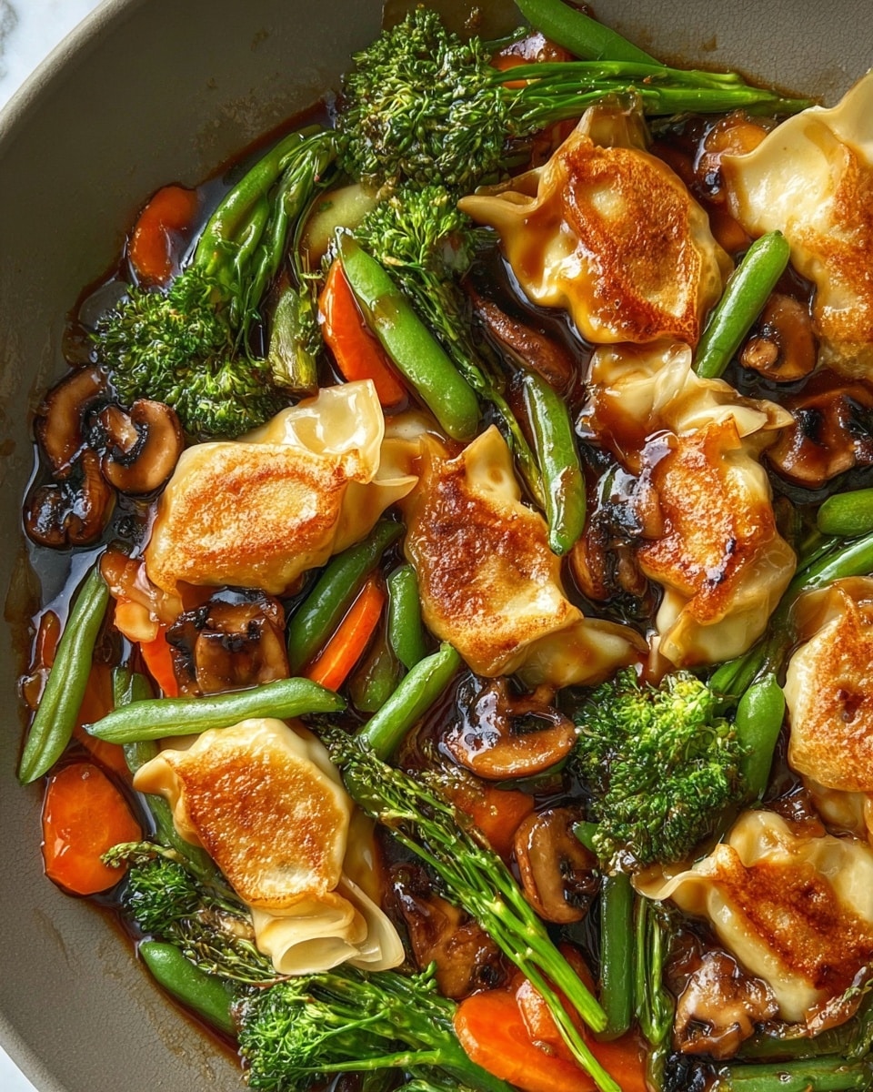 The image shows a close-up of a dish featuring golden-brown pan-fried dumplings with slightly crispy edges, surrounded by bright green broccoli florets, vibrant orange carrot slices, green beans, and sliced brown mushrooms all coated in a shiny dark brown sauce. The dumplings are the main layer, sitting on top and mixed among the colorful vegetables, creating a harmonious mix of textures and colors on a white marbled surface. The sauce adds a glossy finish that ties the ingredients together visually. photo taken with an iphone --ar 4:5 --v 7