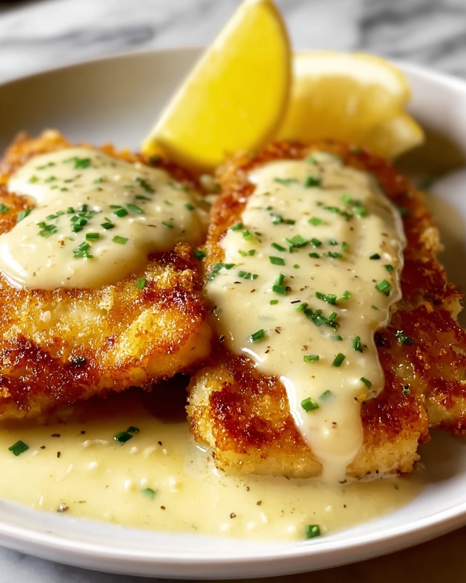 The image shows two golden brown breaded fish fillets on a white plate, each topped with a creamy pale yellow sauce speckled with finely chopped green herbs. The sauce flows slightly down the sides of the crispy fillets, adding a smooth texture contrast to the crunchy surface. Behind the fillets, a bright yellow lemon wedge with juicy pulp is positioned, adding a fresh, vibrant touch to the dish. The details and colors highlight a rich and appetizing meal. Photo taken with an iphone --ar 4:5 --v 7