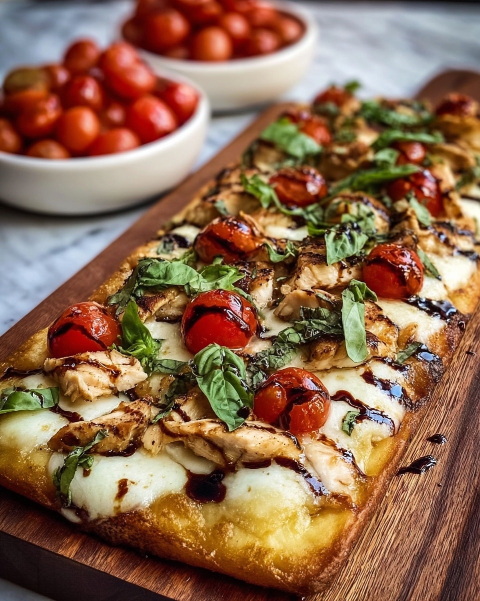 The image shows a rectangular flatbread pizza on a dark wooden board, placed on a white marbled surface. The crust is light golden brown and slightly puffy with some crisp edges. The first layer is melted white cheese that covers the whole flatbread evenly. On top of the cheese, there are grilled chicken pieces with a golden brown color scattered across. There are also halved red cherry tomatoes placed evenly on the pizza. Fresh green basil leaves are sprinkled over everything, adding a fresh look. Dark, glossy balsamic glaze is drizzled over the entire pizza. In the background, there is a white bowl filled with whole cherry tomatoes. Photo taken with an iphone --ar 4:5 --v 7