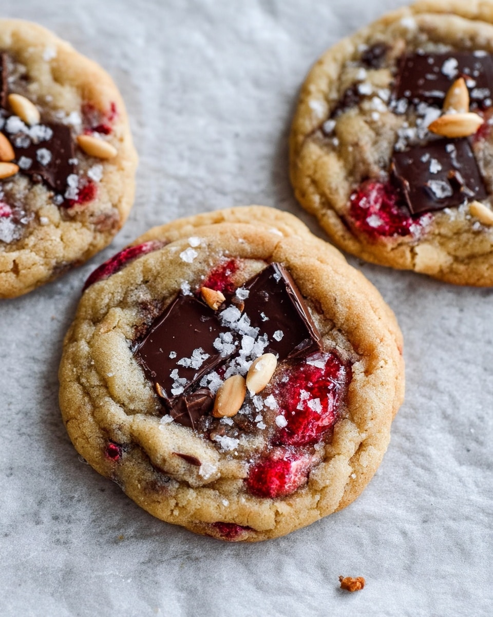 Two round cookies rest on crumpled parchment paper over a white marbled texture. Each cookie has a golden brown base with a slightly soft, chewy texture. The top layer shows patches of red fruit pieces embedded in the dough, along with chunks of dark chocolate partially melted in the center. Small almond pieces are sprinkled on top, along with flaky sea salt crystals scattered over the surface, adding texture and detail. The cookies have a slightly cracked surface, giving them a homemade look. Photo taken with an iphone --ar 4:5 --v 7