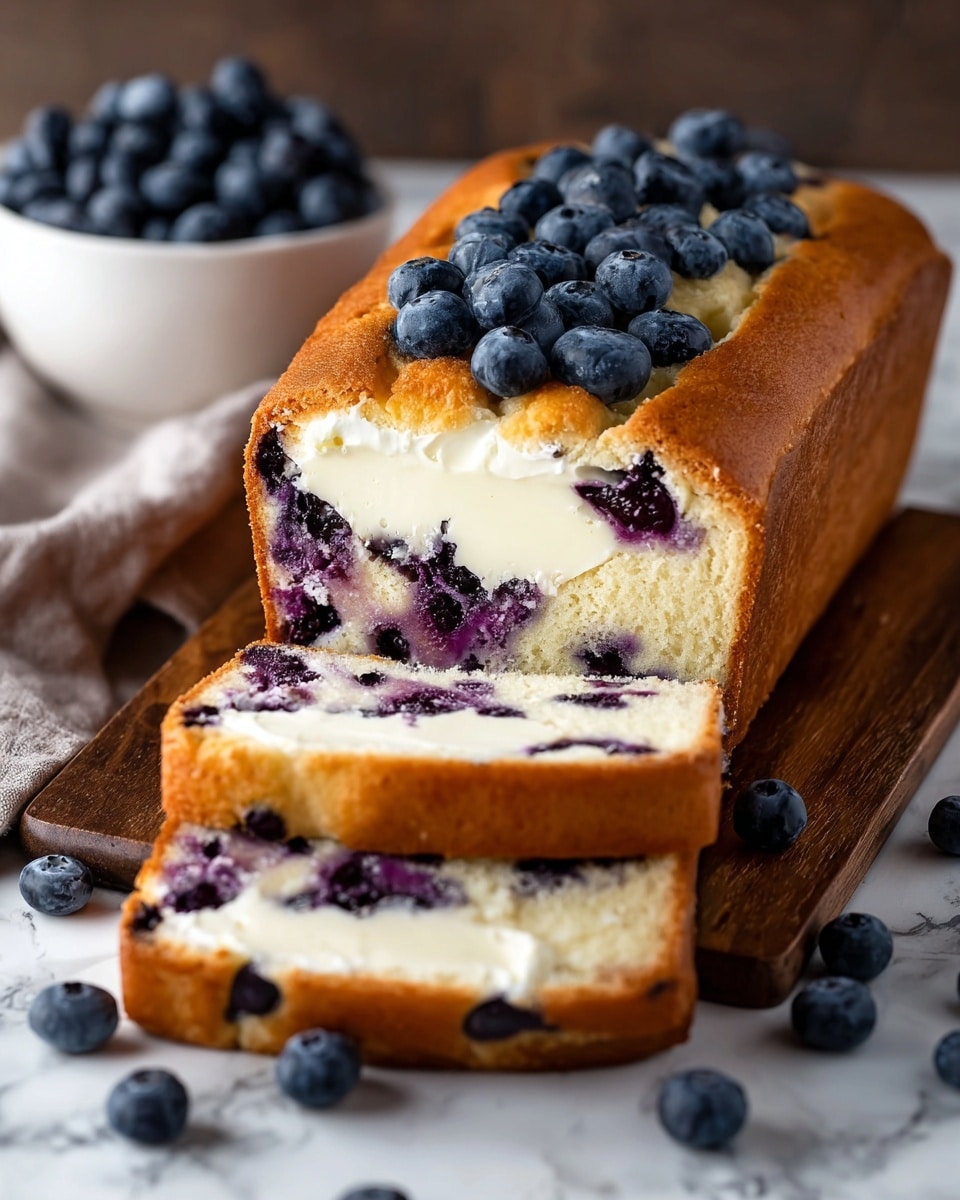 A loaf cake with three visible layers is shown sliced and placed on a wooden board against a white marbled surface. The outer crust is golden brown and firm, forming the first layer. Inside, the cake is soft and creamy white with a second layer made of a rich cream cheese filling running through the middle. Scattered throughout the cake and on top, deep blue and purple blueberries add color and texture, with some fresh blueberries also resting around the board. Photo taken with an iphone --ar 4:5 --v 7