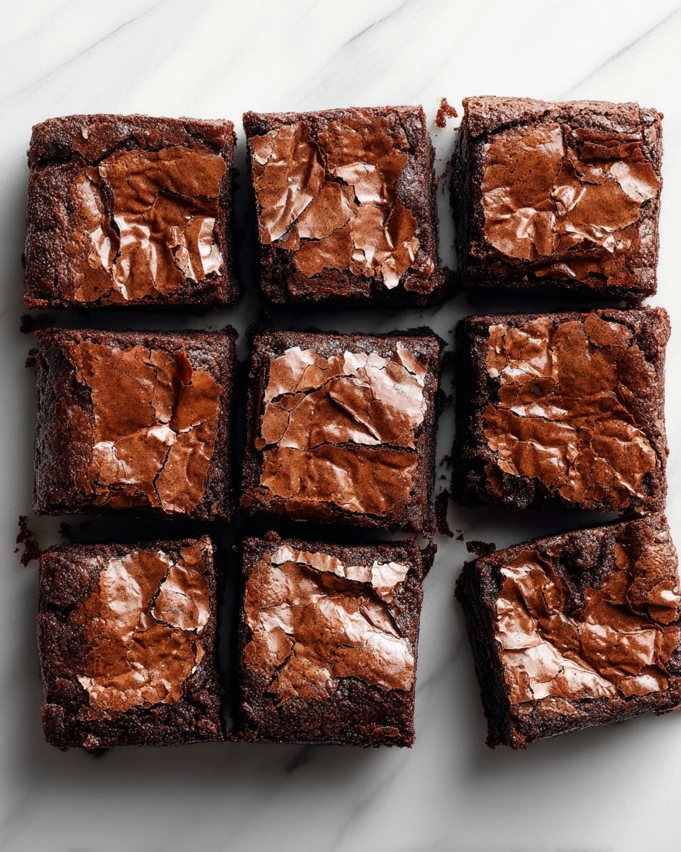 This image shows a close-up of nine square pieces of rich, fudgy brownies arranged in a 3x3 grid on a white marbled surface. Each brownie has a cracked, shiny top layer with a deep, dark brown color that looks slightly glossy and textured. The edges show a slightly thicker, firmer crust while the inside appears moist and dense. The brownies are cut evenly into squares, with clean edges separating each piece. Photo taken with an iphone --ar 4:5 --v 7