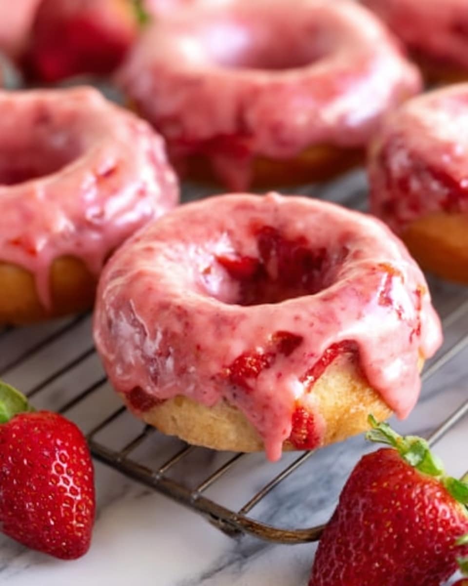 The image shows several strawberry-glazed donuts placed on a wire cooling rack over a white marbled surface. Each donut has a thick pink glaze with visible bits of strawberry, giving a slightly glossy and textured look, with some glaze dripping down the sides. The donuts themselves are a light golden brown color, soft and fluffy in texture. In the foreground, there are fresh red strawberries with green leaves, adding a fresh and vibrant touch to the scene. Photo taken with an iphone --ar 4:5 --v 7