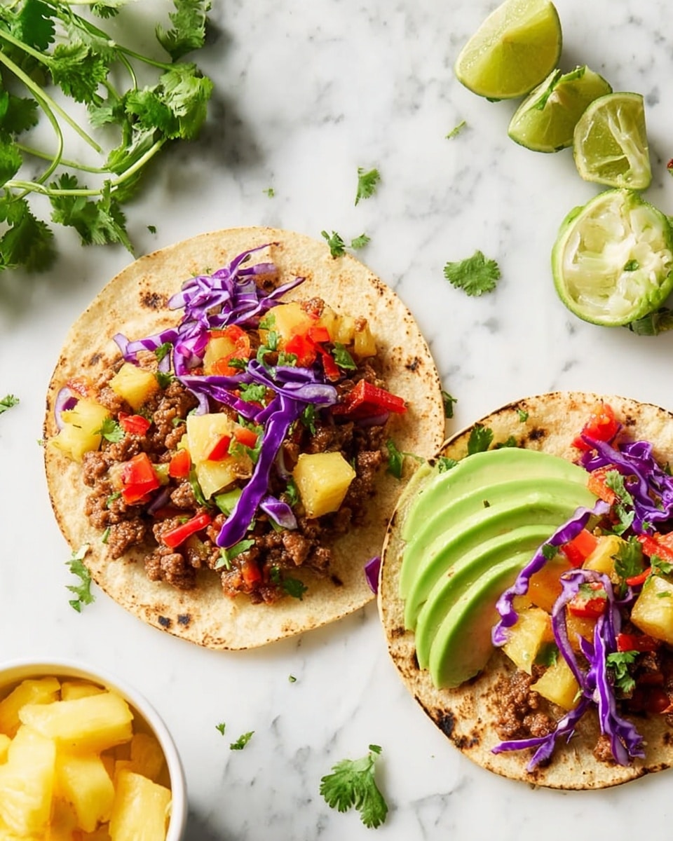 Two small tortillas are placed on a white marbled surface, each topped with several layers. The bottom layer on each tortilla is cooked ground meat mixed with small, chunky pieces of cooked pineapple. There are scattered bright red diced bell peppers and thin strips of purple cabbage adding color on top. One tortilla includes thin slices of fresh avocado arranged neatly on one side. Small green cilantro leaves are sprinkled around for garnish. On the surface near the tortillas are lime halves and fresh cilantro sprigs. There is also a white bowl with pieces of pineapple at the bottom left. The photo was taken with an iphone --ar 4:5 --v 7