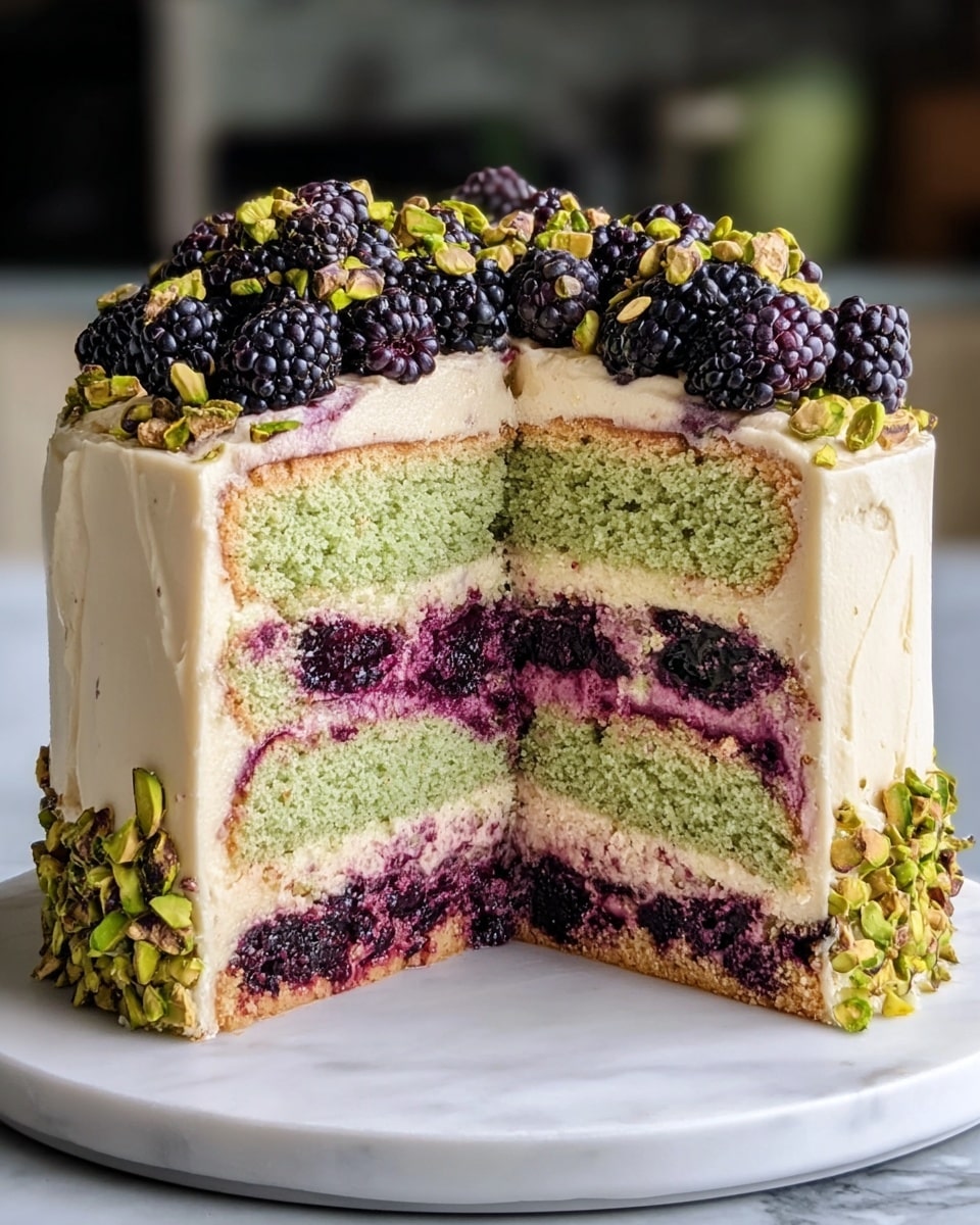 A tall cake with three visible layers sits on a white round base on a white marbled surface. The bottom and top layers are light green with a soft, crumbly texture, while the middle layer is dark purple, looking rich and jammy with berry pieces. Between each cake layer, there is a thick, smooth creamy white frosting. The outside is fully coated with the same creamy white frosting. On top of the cake, there is a layer of whole blackberries and chopped green pistachios, giving a mix of dark purple and bright green colors with a rough, natural texture. photo taken with an iphone --ar 4:5 --v 7