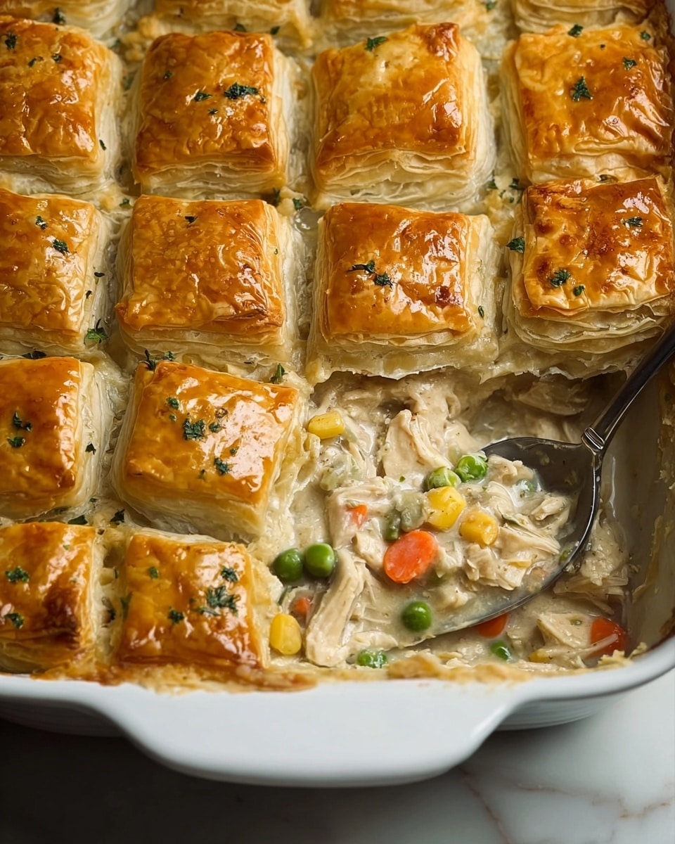 The image shows a white rectangular baking dish filled with layered chicken pot pie. The top layer consists of golden-brown puff pastry squares, each with a slightly shiny surface sprinkled with small green herbs. These flaky pastry pieces are neatly arranged, covering a thick filling below. The filling layer beneath is creamy and light beige in color, full of shredded chicken mixed with bright vegetables like green peas, orange carrots, and yellow corn, giving it a varied texture. A spoon resting inside the dish reveals the creamy filling and adds depth to the image. The dish is placed on a white marbled surface. photo taken with an iphone --ar 4:5 --v 7