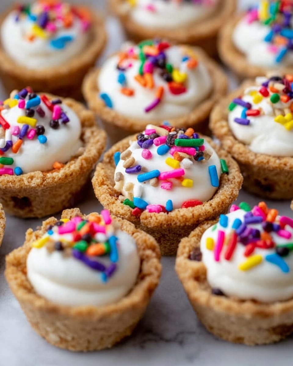The image shows small cookie cups filled with a white creamy topping, each decorated with colorful round and rod-shaped sprinkles. Each cookie cup has a golden-brown textured crust forming a small bowl shape, holding a dollop of smooth white cream in the center. The vibrant sprinkles add a playful mix of red, blue, yellow, green, pink, purple, and white colors on top. The cookie cups are arranged closely together on a white marbled surface, highlighting their detailed textures and bright colors. photo taken with an iphone --ar 4:5 --v 7