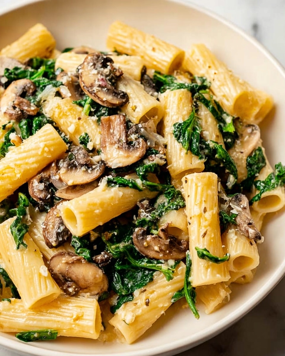 The image shows a close-up of rigatoni pasta with creamy sauce mixed with dark green spinach leaves and slices of cooked mushrooms. The rigatoni are pale yellow with smooth, slightly shiny texture and tubular shape, arranged all over the white plate. The spinach is scattered unevenly, adding bright and dark green colors, while the mushrooms bring rich brown and beige tones with a soft texture. The creamy sauce makes the pasta glisten, and small bits of grated cheese or garlic are visible, blending lightly with the sauce. The dish sits on a white marbled surface, showing warm and inviting colors. Photo taken with an iphone --ar 4:5 --v 7