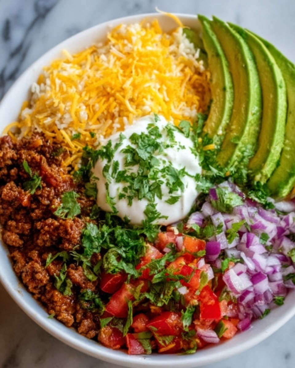 A white bowl filled with a colorful layered dish starting with a base of finely ground cooked meat that has a rich brown color. On top of the meat, shredded bright yellow cheese is spread evenly. Next to the cheese, slices of ripe green avocado fan out on one side. A dollop of white sour cream is placed in the center, topped with chopped fresh green herbs. Around the sour cream, there is a mixture of finely chopped red tomatoes and purple onions. The bowl sits on a white marbled surface. photo taken with an iphone --ar 4:5 --v 7