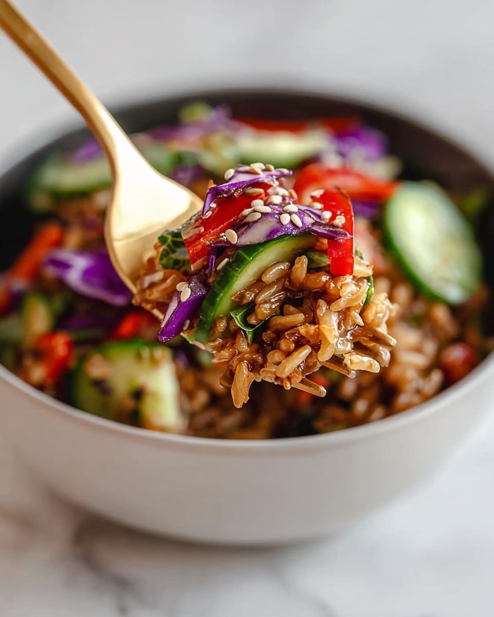 A close-up of a bowl filled with three layers: the bottom layer has brown fried rice with a slightly glossy texture, the middle layer contains mixed vegetables including bright green cucumber slices and red bell pepper strips, and the top layer has thin strips of purple cabbage and sprinkled sesame seeds. A gold fork is lifting a bite showing all these layers together. The bowl is white and sits on a white marbled surface. photo taken with an iphone --ar 4:5 --v 7