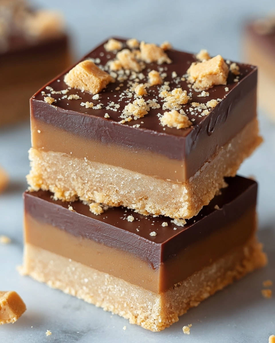 The image shows two square dessert bars stacked on top of each other on a white marbled surface. Each bar has two clear layers: the bottom layer is light tan and crumbly, resembling a cookie or graham cracker base, while the top layer is a smooth, rich milk chocolate brown. Small crunchy pieces are scattered both on top of the upper bar and around the edges, adding texture to the smooth chocolate surface. The bars have sharp, clean edges, making them look freshly cut and inviting. photo taken with an iphone --ar 4:5 --v 7