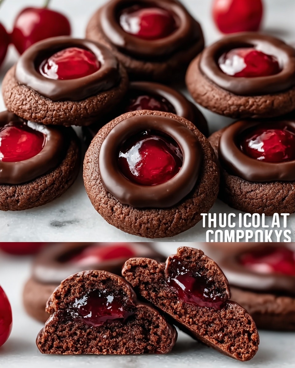 The image shows chocolate cherry thumbprint cookies arranged on a white marbled surface. Each cookie has one smooth, dark brown chocolate layer shaped like a ring with a glossy, bright red cherry filling in the center. In the lower part of the image, a close-up of a cookie broken in half reveals three layers: the outer dark brown chocolate ring, a dense and slightly crumbly chocolate cookie layer inside, and a shiny cherry jelly center that shines with a deep red color. The cookies are neatly stacked, and the surface is white marbled with some blurred cherries in the background. Photo taken with an iphone --ar 4:5 --v 7