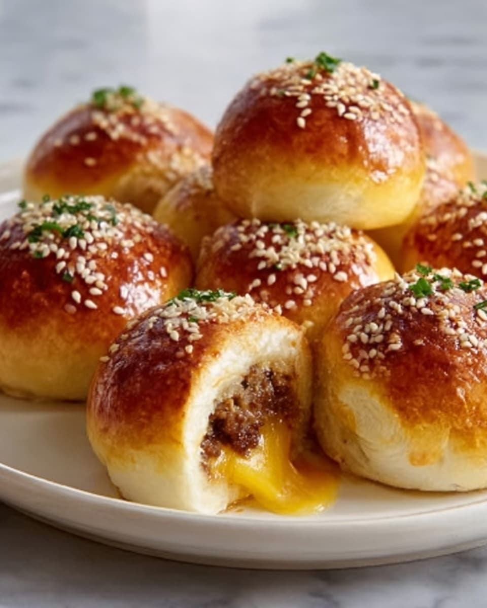 A close-up view of five small round bread rolls on a white plate, sitting on a white marbled surface. The rolls have a shiny golden-brown crust sprinkled with sesame seeds and small green herb pieces on top. One roll in the front is cut open, showing three inside layers: a soft white bread layer on the outside, a middle layer of melted yellow cheese oozing out, and a dark, finely ground meat filling in the center. The textures show the bread as soft, the cheese smooth and gooey, and the meat slightly crumbly. photo taken with an iphone --ar 4:5 --v 7