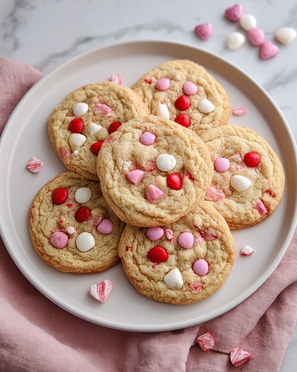 A white plate holds seven round cookies with a golden brown edge and a lighter center, each topped with colorful candy pieces in red, white, and pink. The cookies have a slightly cracked texture, showing the soft inside, and some candy pieces are embedded within the dough. Around the plate, a few candies are scattered, and under the plate, a soft pink cloth is partially visible on a white marbled surface. photo taken with an iphone --ar 4:5 --v 7
