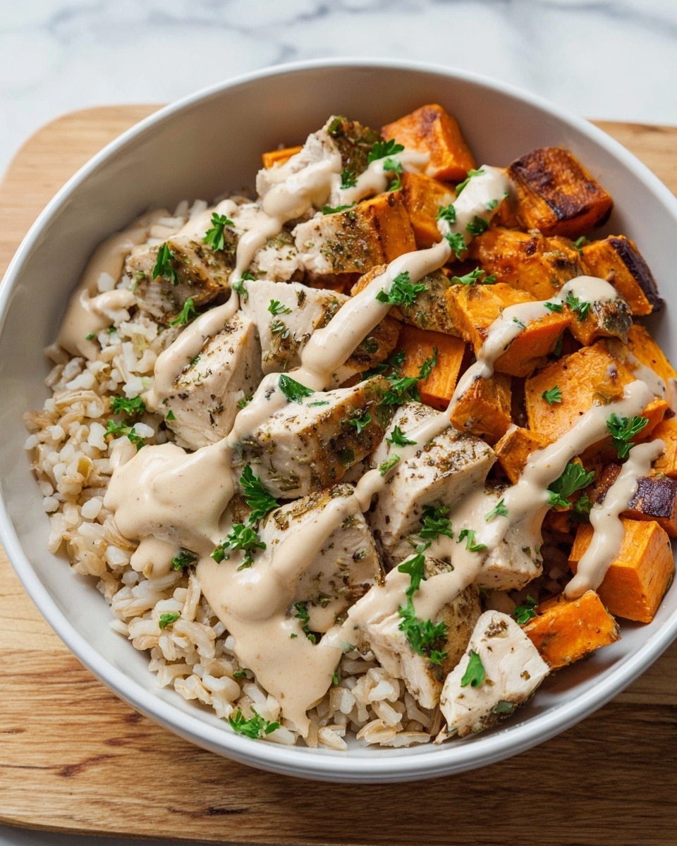 A white bowl filled with three main layers: a base layer of cooked brown rice with a soft, slightly clumpy texture in a light beige color, topped with chunks of grilled chicken breast that are light golden brown with some herb specks, and a layer of roasted sweet potato pieces with bright orange centers and darker brown edges. The dish is drizzled with a thick, creamy beige sauce that is zigzagged across the top, and garnished with fresh green parsley leaves scattered over the chicken and potatoes. The bowl is placed on a white marbled texture with a wooden board partially visible underneath photo taken with an iphone --ar 4:5 --v 7