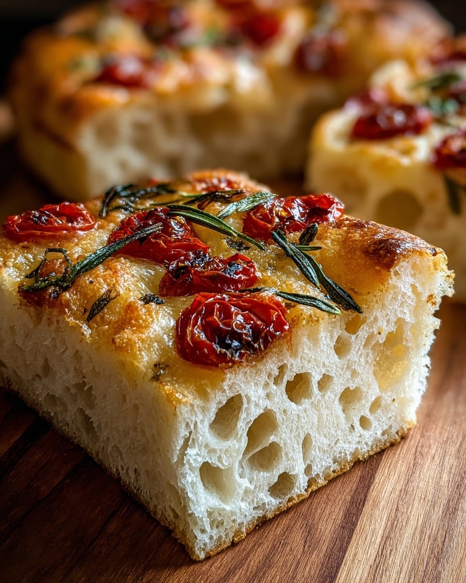The image shows a thick slice of focaccia bread with a golden-brown, slightly crispy top layer dotted with small air bubbles. The top is decorated with roasted cherry tomato halves that are deep red with a slightly wrinkled texture, and sprigs of fresh rosemary with dark green needles. Below the topping, the bread has a fluffy, airy inside with a pale cream color and many large round holes, demonstrating a soft and light texture. The slice is placed on a wooden surface with another slice slightly out of focus in the background. photo taken with an iphone --ar 4:5 --v 7