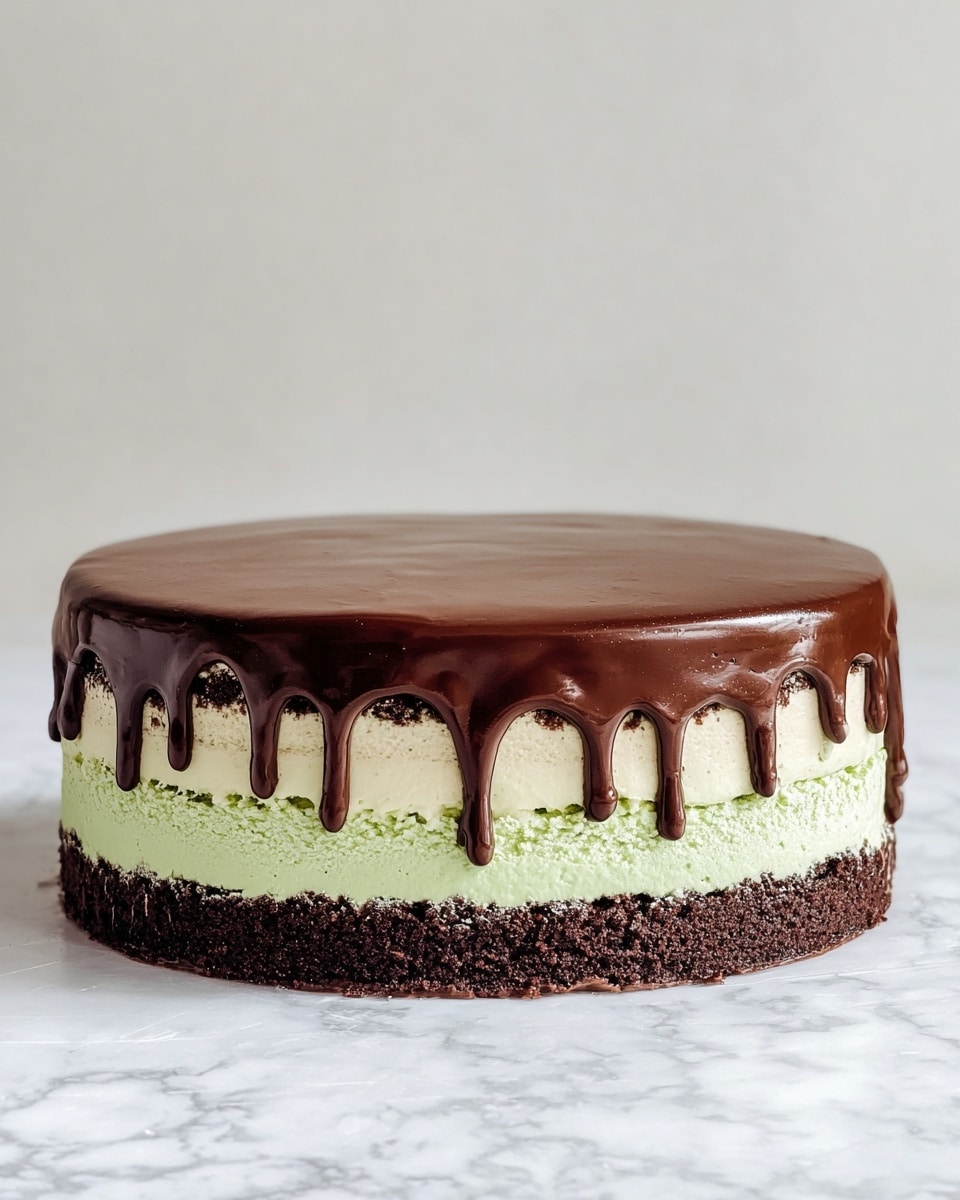 A round cake with four visible layers sits on a white marbled surface; the bottom layer is dark brown and crumbly, the second layer is light green and creamy, the third layer is dark brown and sponge-like, and the fourth layer on top is light green and fluffy. The entire cake is covered with a smooth, shiny brown chocolate glaze that drips slightly down the sides, creating neat streaks that contrast with the layered cake. photo taken with an iphone --ar 4:5 --v 7