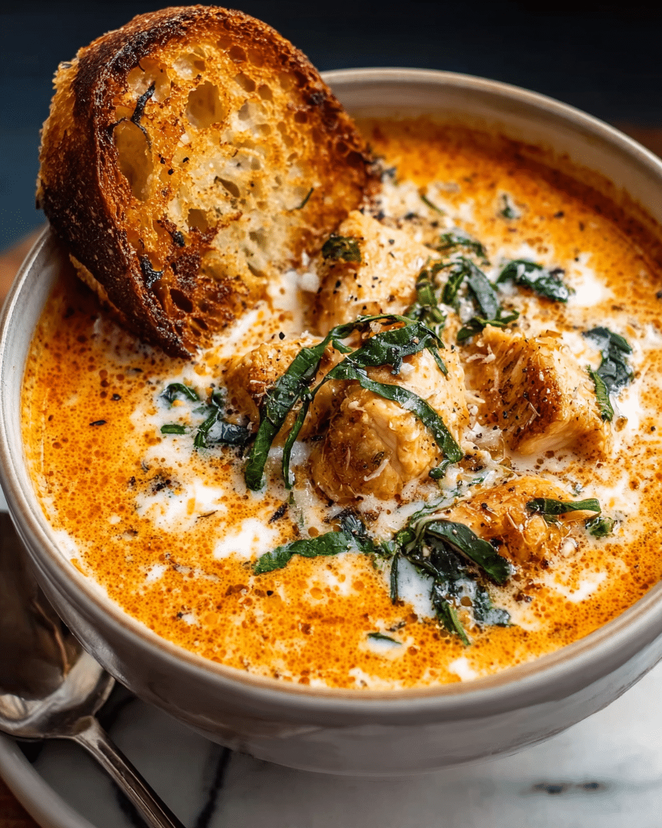 A close-up of a creamy, orange soup in a white bowl with blue and tan outer patterns, filled to the brim. The soup has chunks of white chicken and dark green spinach leaves scattered on the surface. A layer of melted cheese with a slightly browned top covers parts of the soup, adding texture and richness. A slice of toasted bread with golden-brown crust and black pepper sits resting on the edge of the bowl. The bowl is set on a white marbled surface with a silver spoon partly visible nearby. Photo taken with an iphone --ar 4:5 --v 7