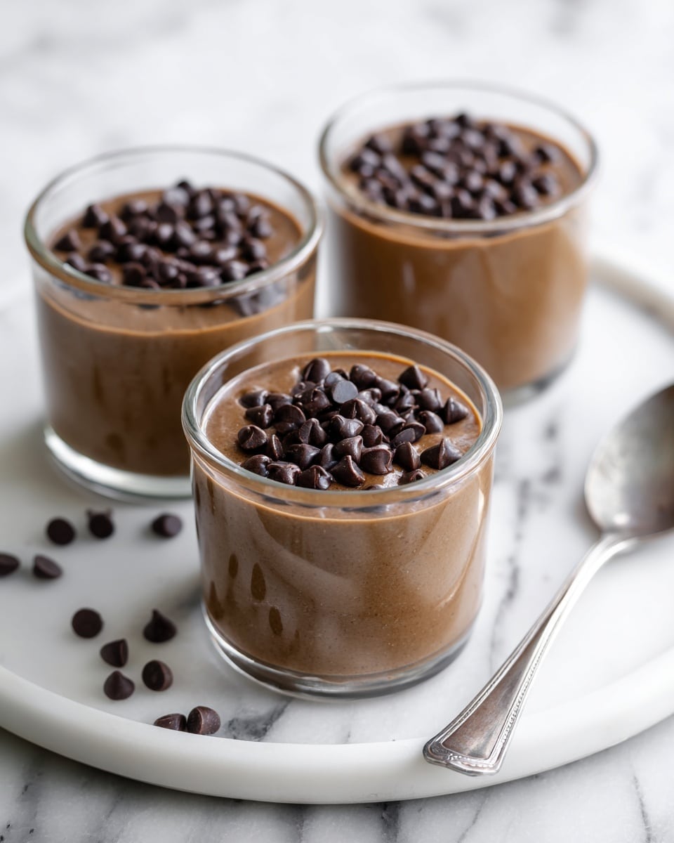 Three small clear glass jars are shown, each filled with two layers: a creamy light brown pudding base topped with a thick layer of dark brown chocolate chips. The jars have a textured pattern near the bottom and are placed on a white marbled surface. Scattered around the jars are a few loose chocolate chips, and a silver spoon lies next to the jar in the front right. The background is softly blurred with more chocolate chips visible. Photo taken with an iphone --ar 4:5 --v 7