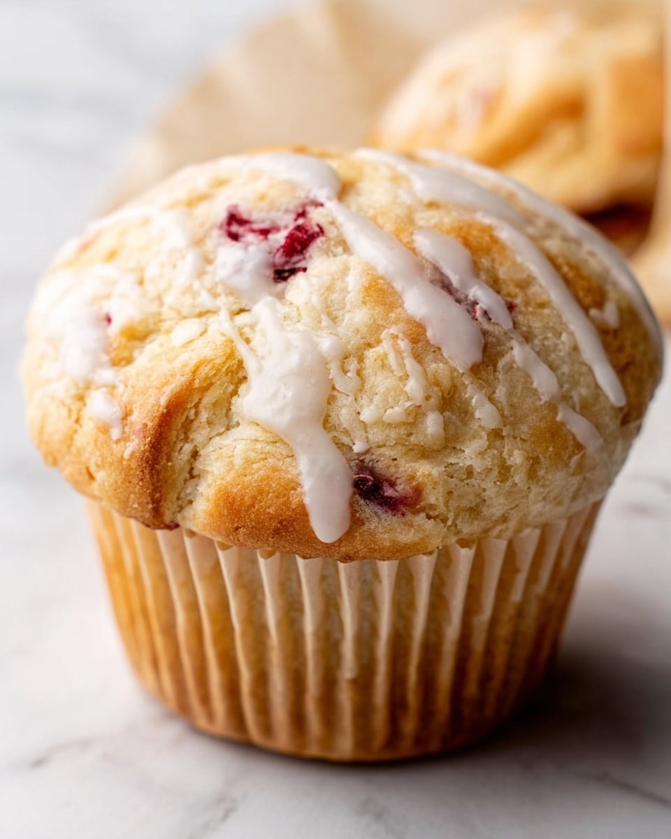 A close-up image of two muffins on a white marbled surface, with one muffin cut open to show a soft, crumbly light brown top layer and a moist, yellow inside filled with small peach pieces. The muffins have a light golden-brown color on the outside with a slightly rough texture. The background is softly blurred with warm tones, suggesting a cozy kitchen scene. Photo taken with an iphone --ar 4:5 --v 7