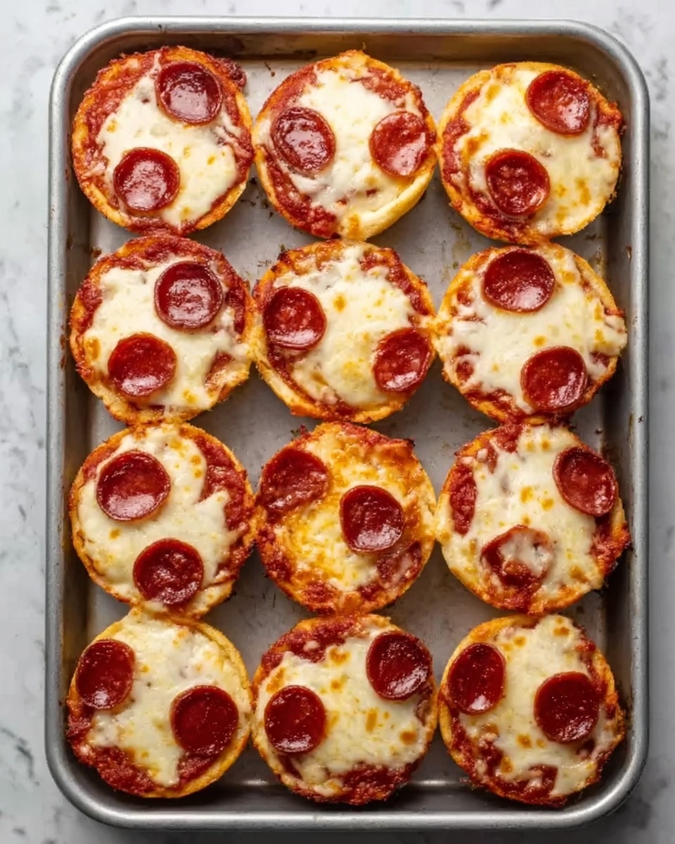A white baking tray with nine small round pizza bites arranged in three rows of three, each with a golden brown crust base, melted white cheese covering the top, and dark red pepperoni slices scattered on the cheese. The surface beneath the tray is a white marbled texture. Photo taken with an iphone --ar 4:5 --v 7