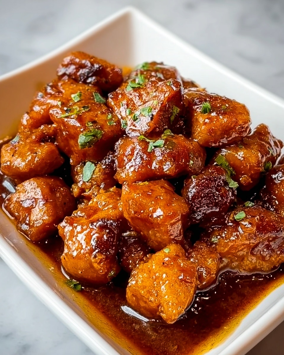 The image shows a white rectangular dish filled with many small, golden-brown pieces of meat, coated in a thick, shiny, dark brown sauce. The meat pieces have a crispy texture with some darker charred spots, and the sauce creates a glossy layer over them, pooling slightly at the bottom of the dish. Small green herb bits are scattered on top, adding a touch of color contrast. The dish is placed on a surface with a white marbled texture. photo taken with an iphone --ar 4:5 --v 7
