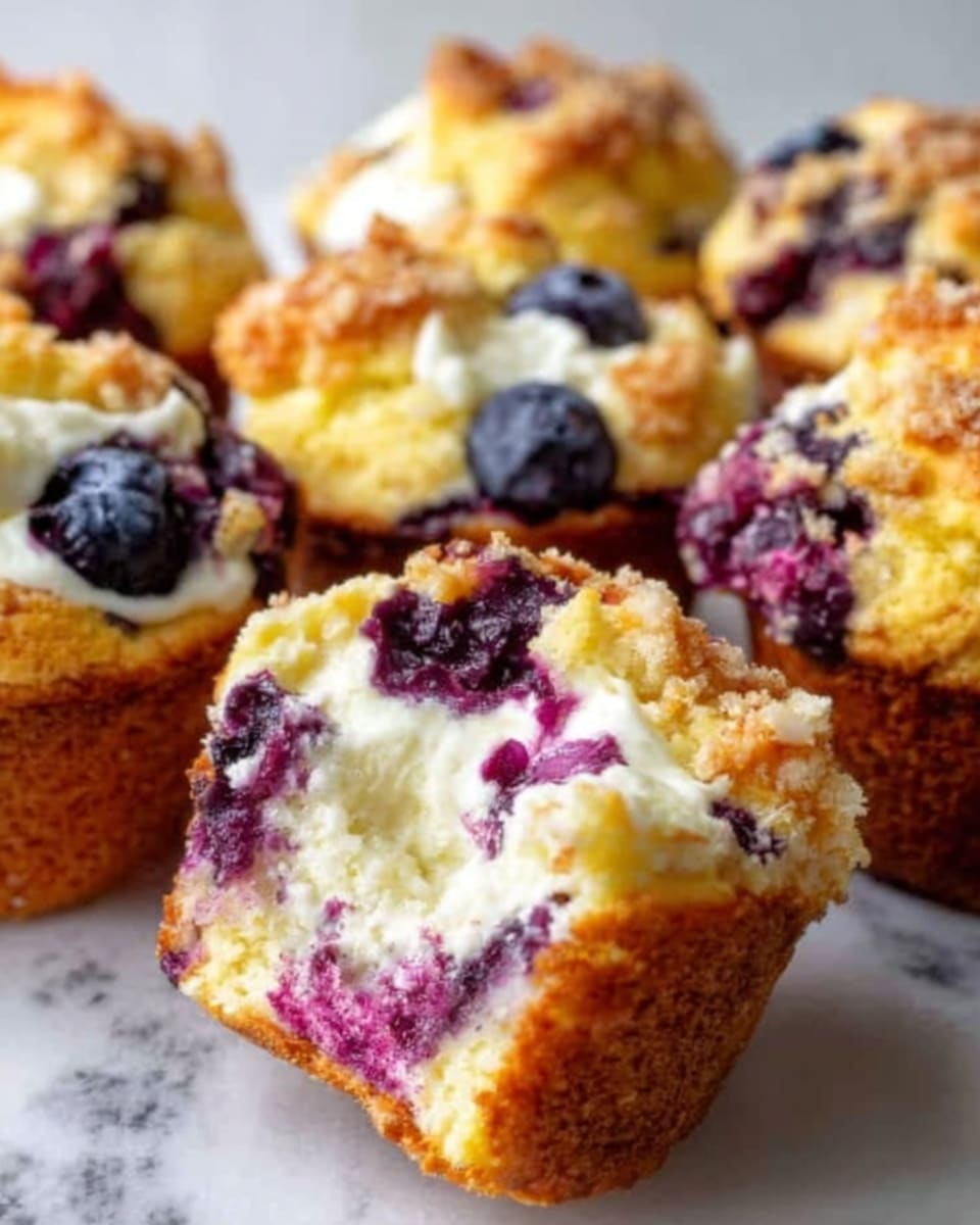 The image shows a close-up of crumbly muffins, each with a golden-brown crust on top. Inside, the muffins have a soft, creamy white layer mixed with dark purple and blue berries, including whole blueberries and crushed berry pieces that add vibrant spots of color. The muffins are arranged together on a white marbled surface, creating a bright and fresh look. In the foreground, one muffin is broken open to clearly show the creamy and berry-filled inside texture. Photo taken with an iphone --ar 4:5 --v 7