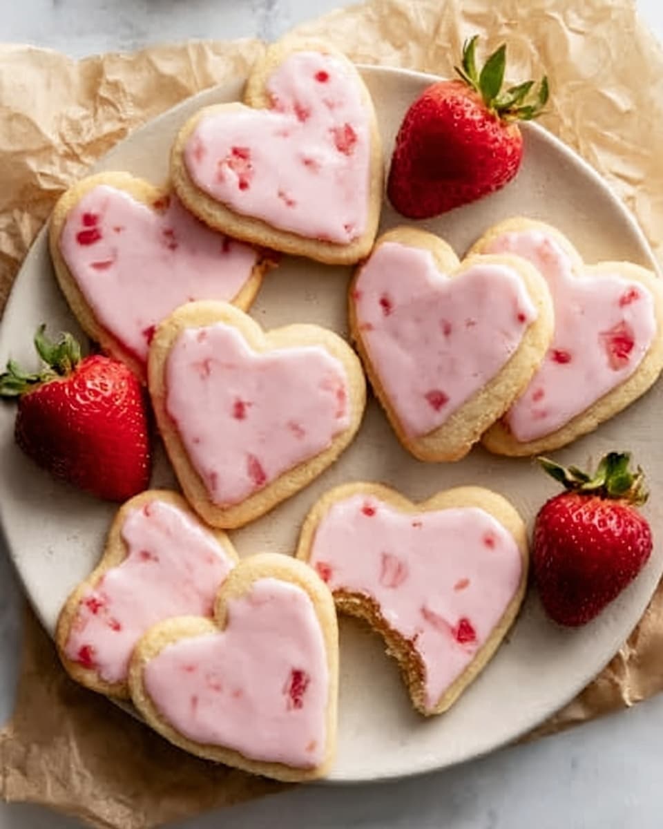 A white plate holds seven heart-shaped cookies each covered with a pink icing that has small pieces of strawberry mixed inside. Some cookies have a bite taken out showing a soft yellow inside. Bright red strawberries are placed around the plate for decoration. The plate rests on crinkled brown parchment paper over a white marbled surface. photo taken with an iphone --ar 4:5 --v 7