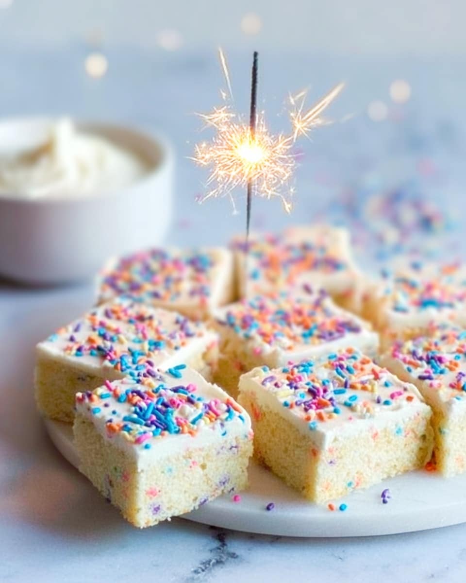 A white plate filled with neatly cut square pieces of a light yellow cake covered with smooth white frosting, each topped with colorful sprinkles in blue, pink, orange, and purple. In the foreground, a sparkler shaped like a star burns brightly, creating small sparks above the cake. To the left, a white bowl of extra frosting sits slightly blurred. The entire scene is set on a white marbled surface with soft lighting that highlights the cake’s texture and the festive sparkler. photo taken with an iphone --ar 4:5 --v 7