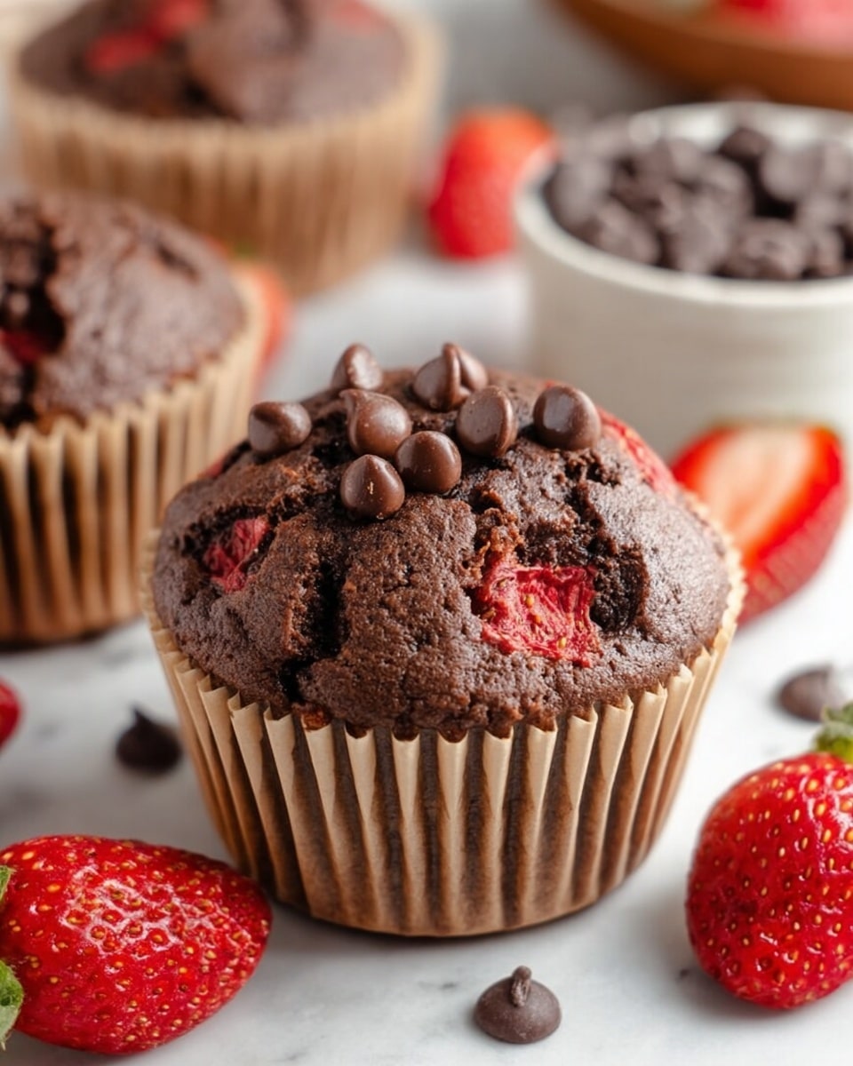 A close-up of a rich chocolate muffin with a cracked top showing soft red strawberry pieces inside, topped with small, shiny chocolate chips arranged in a line. The muffin sits in a light brown paper liner on a white marbled surface scattered with fresh red strawberries and loose chocolate chips. In the background, another chocolate muffin and a white bowl filled with chocolate chips are slightly out of focus. photo taken with an iphone --ar 4:5 --v 7