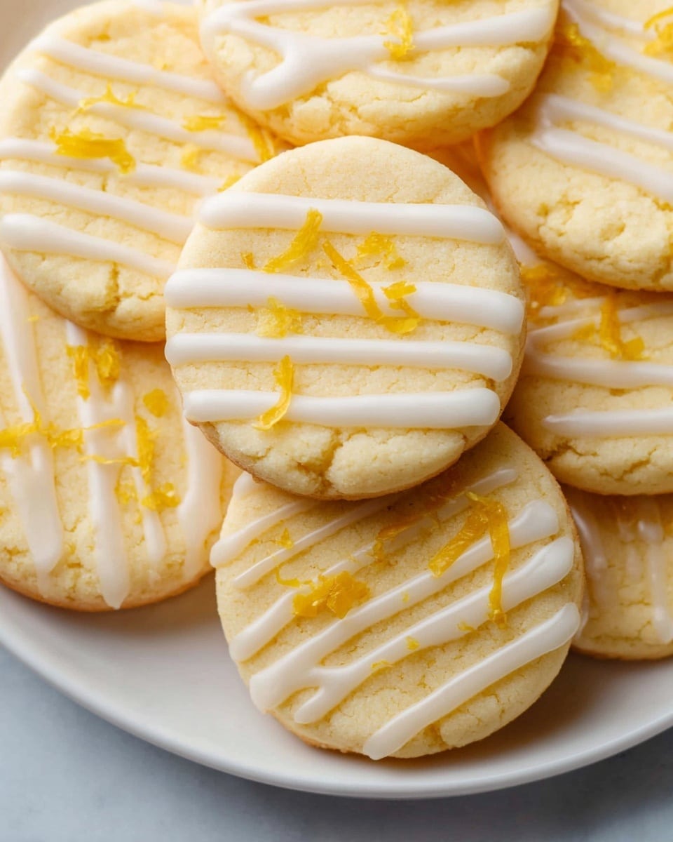 A close-up view of round lemon cookies stacked on a white plate, each cookie showing one main layer of soft, pale yellow dough with a smooth texture. The top is decorated with thin, passed white icing drizzled across in curved lines. Small bright yellow lemon zest pieces rest on top of some cookies, adding a pop of color and a slight rough texture. The plate sits on a white marbled surface, enhancing the light and fresh look of the cookies. Photo taken with an iphone --ar 4:5 --v 7