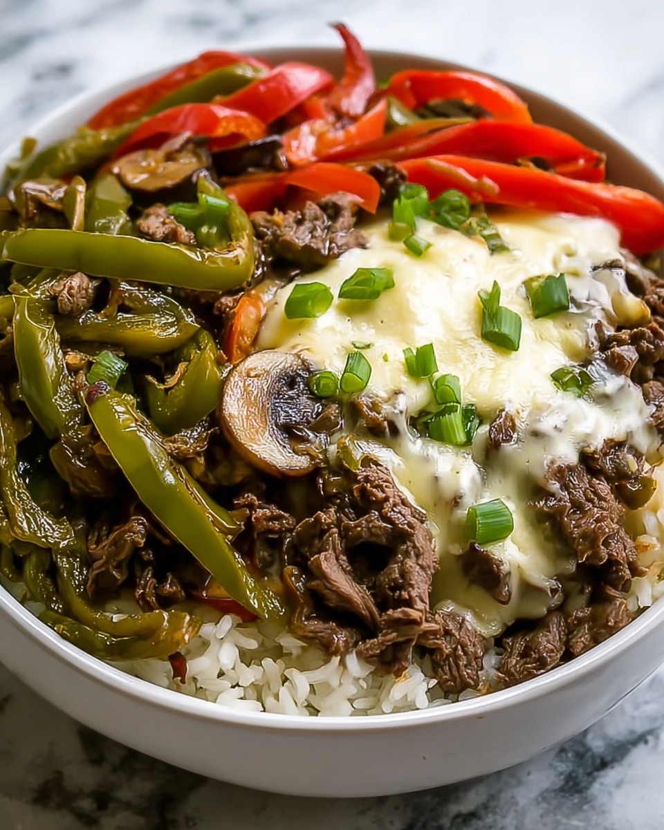 The dish is presented in a white bowl on a white marbled surface. The bottom layer consists of fluffy white rice, visible around the edges. On top of the rice, there is a generous layer of cooked green and red bell pepper strips with a slightly shiny, grilled texture. Beside the peppers, there is a layer of cooked beef strips mixed with browned mushroom slices, creating a rich, textured look. The beef and mushrooms are topped with melted creamy white cheese that covers part of the meat and peppers, with small pieces of chopped green onions scattered on the cheese for a fresh touch. The overall look is warm and savory, filled with layers of earthy and fresh colors. photo taken with an iphone --ar 4:5 --v 7
