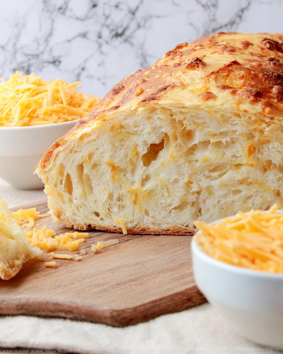 A close-up view of a loaf of bread cut in half, showing a soft and airy inside with a light golden crust on top that looks toasted with small bits of cheese baked into it. The bread sits on a wooden board, and near it, there's a white bowl filled with shredded yellow cheese. A few pieces of cheese are scattered on the wooden board. The background is a white marbled texture. Photo taken with an iphone --ar 4:5 --v 7