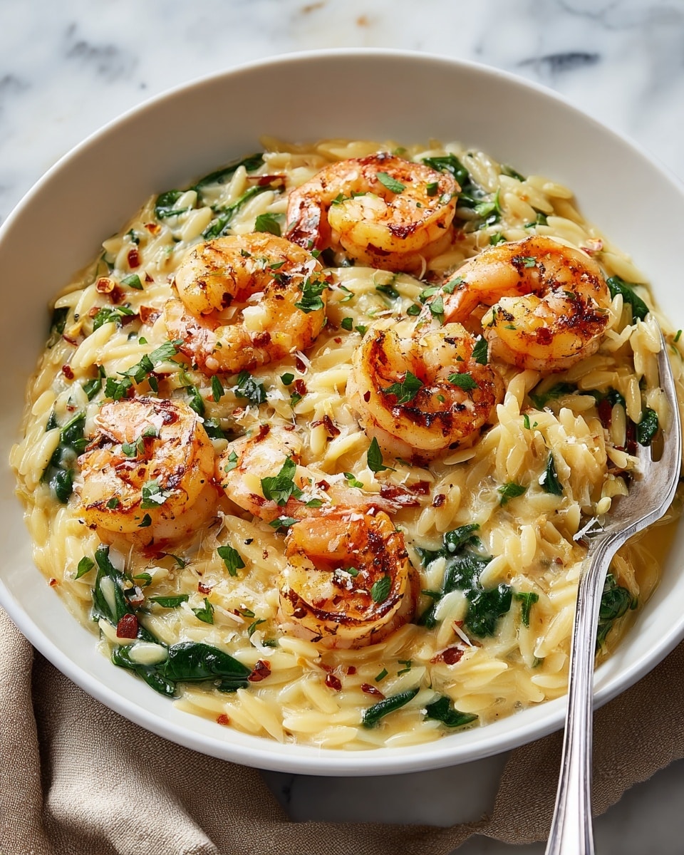 A white bowl filled with creamy orzo pasta mixed with small green spinach pieces and topped with eight golden-brown cooked shrimp arranged evenly, each shrimp showing a slightly crispy texture with a light sprinkle of red seasoning and chopped fresh green herbs. The creamy sauce is light yellow, coating the orzo and spinach layers evenly, with a dusting of grated white cheese on top. A silver fork on the right side of the bowl holds one shrimp. The bowl rests on a white marbled surface with a beige cloth napkin partially visible on the left side. photo taken with an iphone --ar 4:5 --v 7