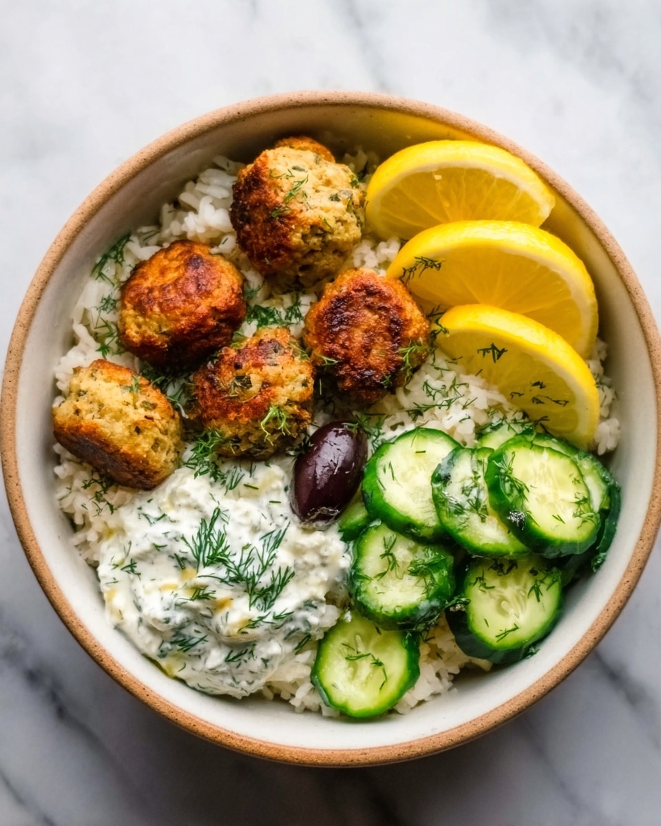 A white bowl contains a layered dish starting with a base layer of white rice topped with small, browned falafel balls evenly spread around the bowl. On one side, there are chunks of green cucumber pieces next to the rice, and beside them is a portion of creamy white sauce mixed with green herbs. To the opposite side of the falafel, there are two yellow lemon wedges and two brown olives. The bowl sits on a white marbled surface. Photo taken with an iphone --ar 4:5 --v 7