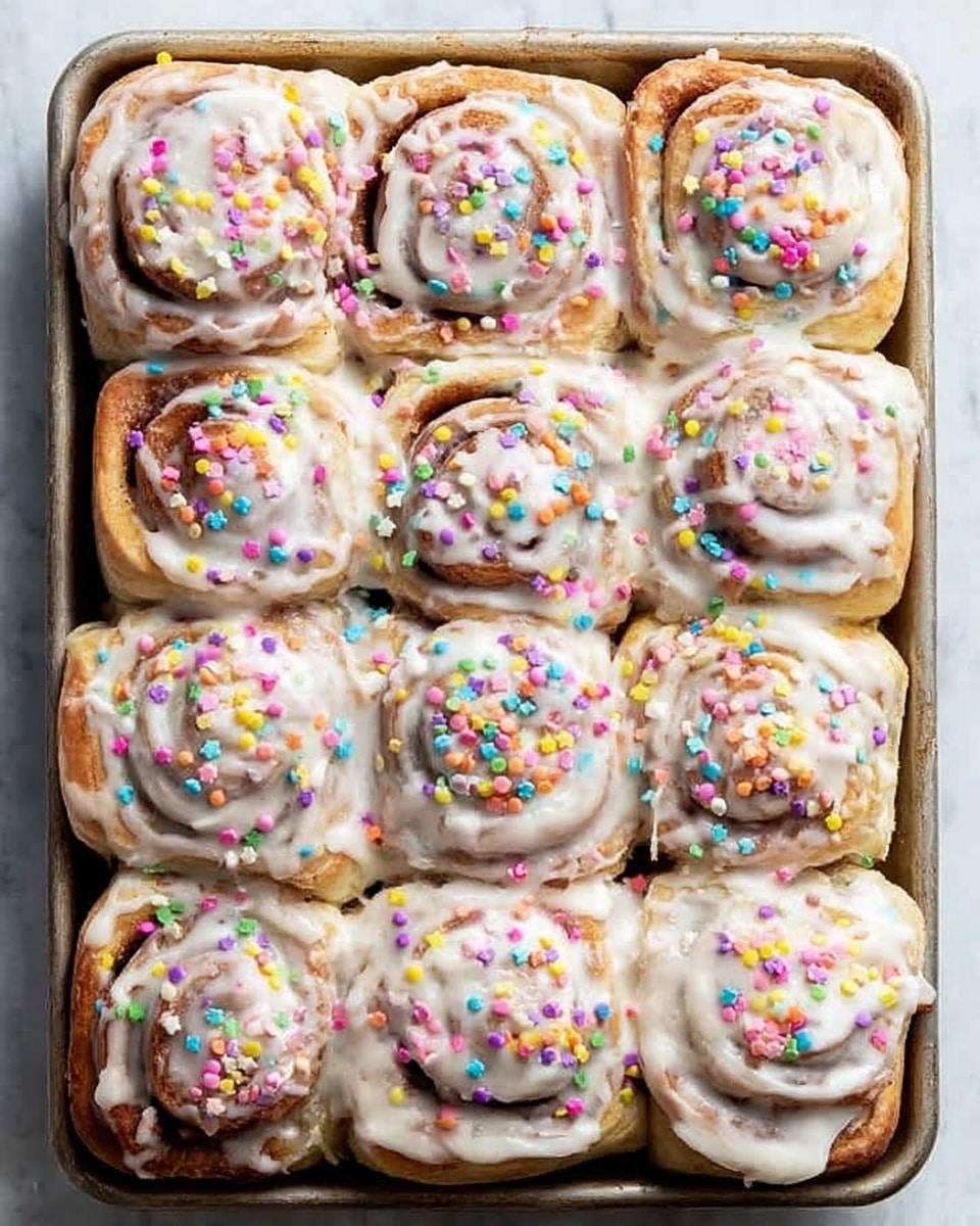 A tray holds 12 square cinnamon rolls arranged in a 3x4 grid on a white marbled surface. Each roll has three visible layers: the bottom light brown dough, a middle brown cinnamon swirl, and a thick top layer of white icing spread unevenly with visible swirls. Colorful round sprinkles in pastel shades of pink, purple, yellow, orange, blue, and green are scattered generously over the icing, adding a playful touch to the soft texture of the rolls. The rolls' edges show slight browning, and the icing slightly drips over some sides. photo taken with an iphone --ar 4:5 --v 7