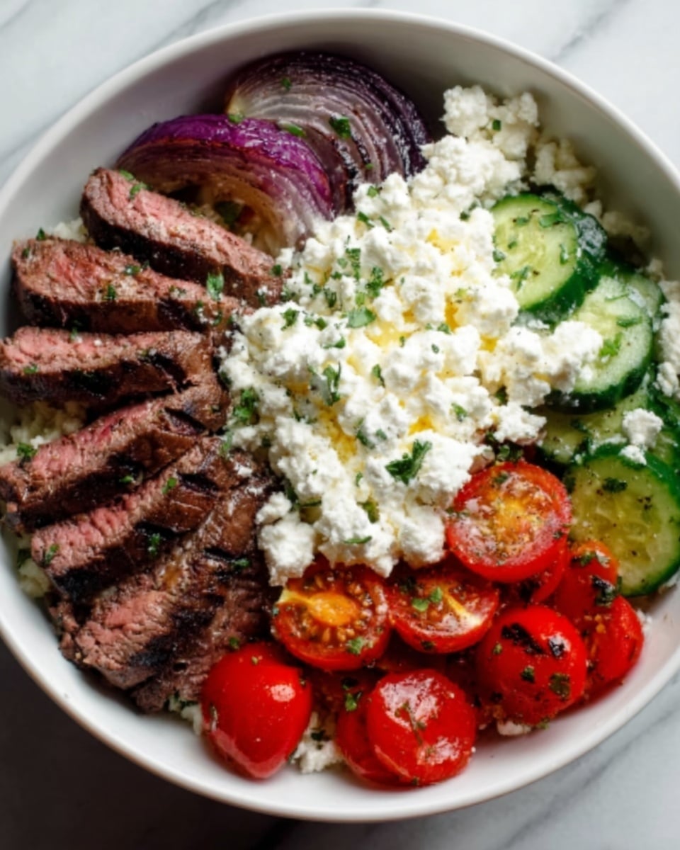 A white bowl filled with layers of colorful food is shown. At the bottom, sliced grilled steak with a brown outer layer and pink inside is placed over a bed of rice or grains. To the right, bright green cucumber slices are arranged neatly. Above the steak, a creamy white mixture with bits of orange and green herbs is spread thickly. On the left side, halved red cherry tomatoes and purple onion slices add bright colors. The textures range from soft and juicy to creamy and fresh. The entire bowl rests on a white marbled surface. Photo taken with an iphone --ar 4:5 --v 7