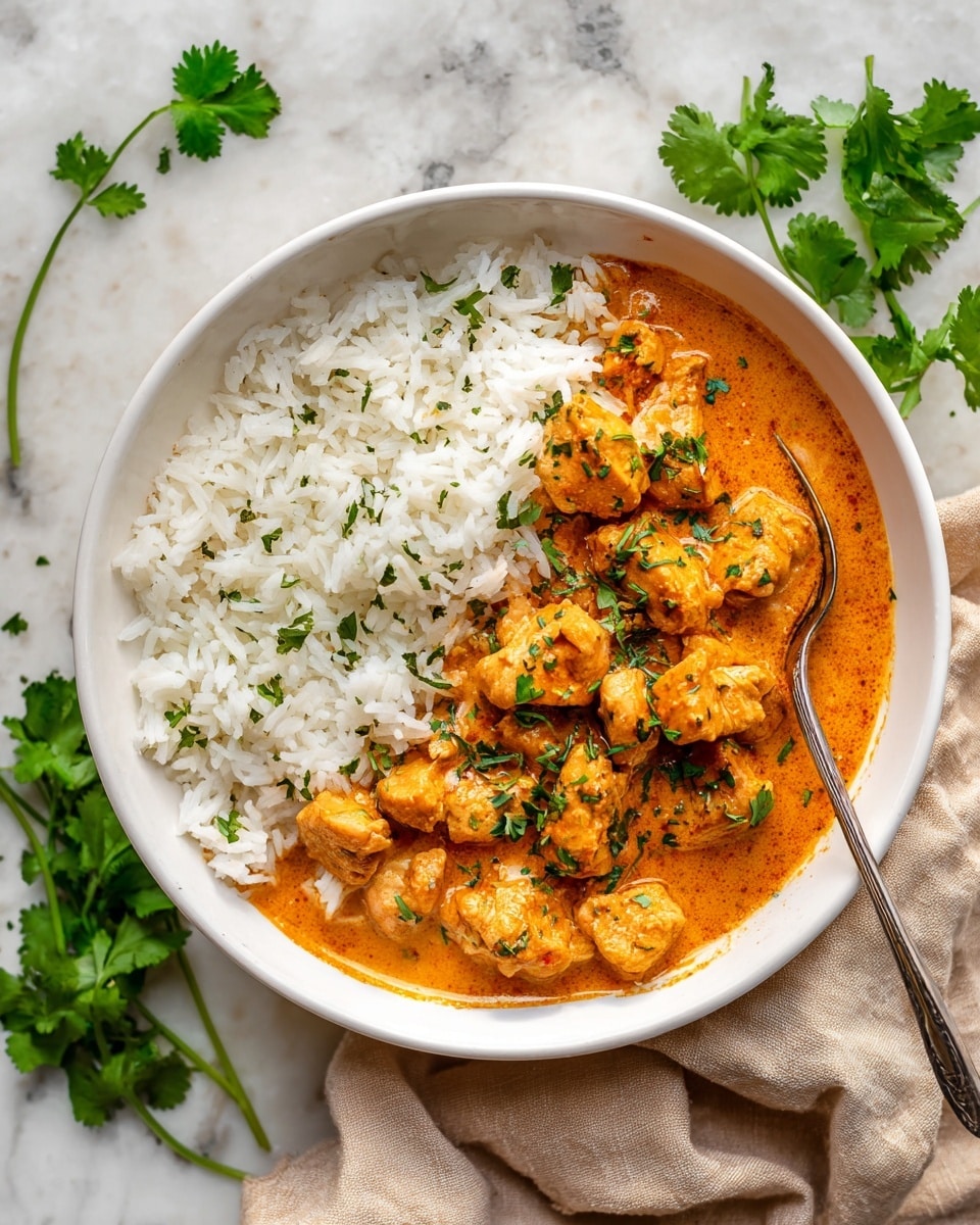 A white bowl filled with two main layers: on the left is fluffy white rice with small green herb bits sprinkled on top, and on the right is chicken curry with orange sauce covering bite-sized chicken pieces, also sprinkled with fresh green herbs. A silver spoon rests partly in the rice on the left side of the bowl. Fresh green cilantro leaves are scattered around the bowl on a white marbled surface, and a beige cloth is partly visible beneath the bowl. photo taken with an iphone --ar 4:5 --v 7