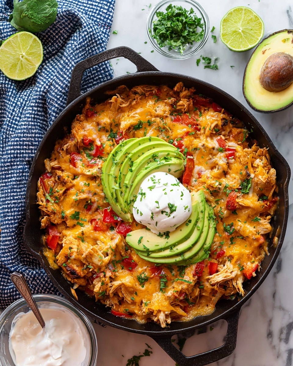 A black cast iron skillet filled with a colorful dish of melted orange cheese mixed with red bell pepper pieces and shredded chicken, topped with two fanned slices of bright green avocado on opposite sides and a dollop of white sour cream in the center, garnished with small green herb pieces scattered over the top; the skillet is on a white marbled surface with half an avocado, lime wedges, and green herbs nearby, alongside a small clear bowl of white sour cream with a spoon, and a blue and white checkered cloth partially visible; photo taken with an iphone --ar 4:5 --v 7
