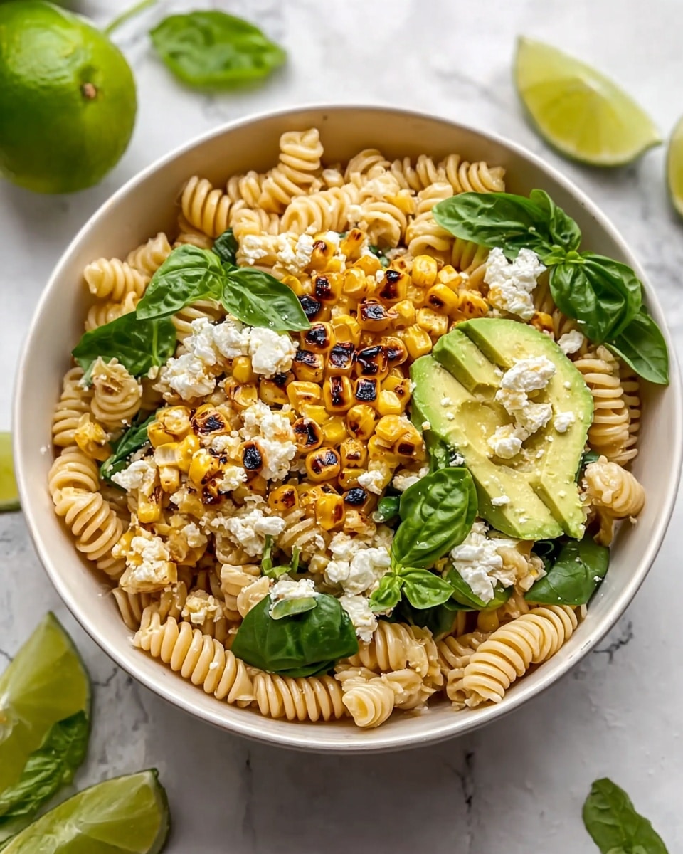 A bowl filled with three main layers is shown: the bottom layer is spiral-shaped pasta with a light beige color, mixed with green spinach leaves scattered throughout. On top of that, there is a layer of roasted corn kernels, some with charred black spots, and small dollops of white crumbly cheese. The dish is garnished with fresh green basil leaves and two pieces of sliced avocado that have a smooth, light green texture. The bowl is white and sits on a white marbled surface with some basil leaves and lime wedges placed around it. photo taken with an iphone --ar 4:5 --v 7