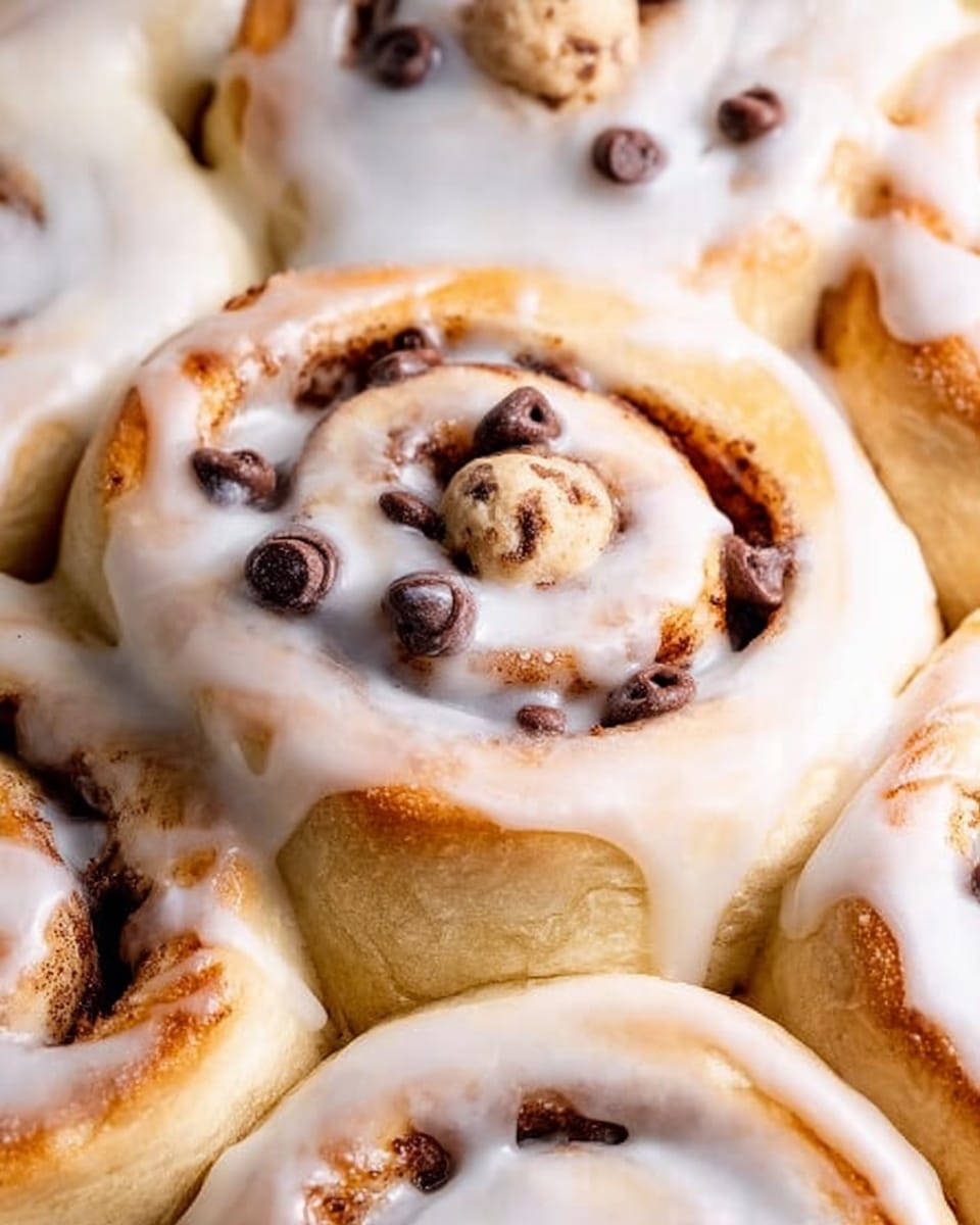 Close-up of soft, thick cinnamon rolls covered with smooth, white icing that drips gently over the light golden-baked layers. Each roll reveals swirled layers of cinnamon and sugar in the soft, fluffy dough, with a slightly browned crust around the edges. At the center of one roll, two small balls of cookie dough with chocolate chips sit on top, adding a unique texture. The rolls are tightly packed together with visible seams between them, set against a white marbled surface. photo taken with an iphone --ar 4:5 --v 7