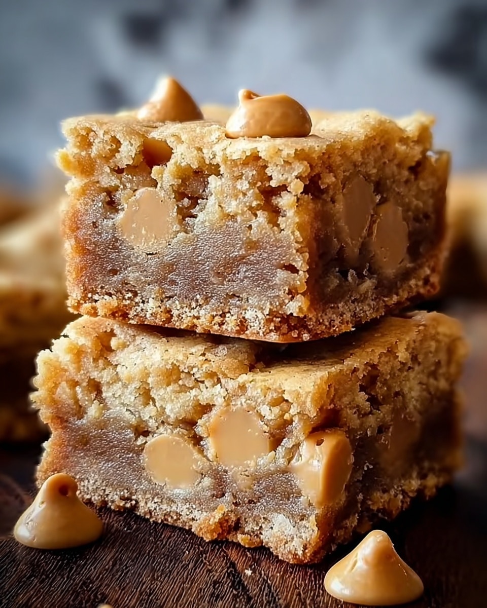 Two thick square blondies are stacked on top of each other on a dark wooden surface with a white marbled background. Each blondie has two main layers: a dense, light brown, soft middle layer filled with round, golden butterscotch chips, and a crumbly, slightly darker golden brown crust on the top and bottom. The top blondie is slightly lifted, showing a moist and chewy texture inside with visible chunks. A few butterscotch chips sit on top of the upper blondie, adding a shiny, smooth touch. The lighting softly highlights the texture and colors of the blondies. photo taken with an iphone --ar 4:5 --v 7