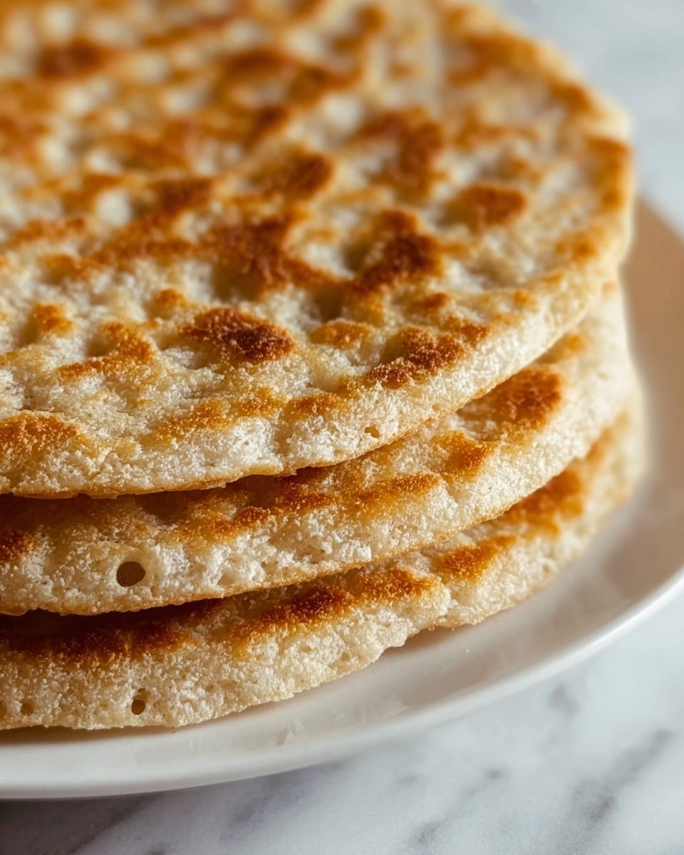 The image shows a close-up of a stack of three round flatbreads, each with a light golden-brown crust. The flatbreads have a porous texture with small holes and soft spots visible on the surface. The edges are slightly thicker and evenly browned, giving a warm, toasted look. The stack is placed on a white plate that rests on a white marbled surface. Photo taken with an iphone --ar 4:5 --v 7