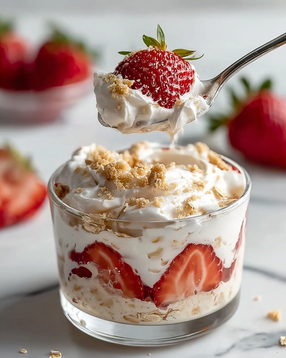 A clear glass cup shows a three-layer dessert on a white marbled surface. The bottom layer is creamy oatmeal, light beige with soft texture. The middle layer consists of sliced red strawberries pressed against the glass with white yogurt whipped around and between them. The top layer is thick, fluffy white whipped cream sprinkled with light brown crumbly granola. A silver spoon, held by a woman's hand, lifts a scoop of the top layer topped with a bright red strawberry half with green leaves, showing a juicy and creamy mix. In the background, blurred strawberries rest on white dishes. photo taken with an iphone --ar 4:5 --v 7