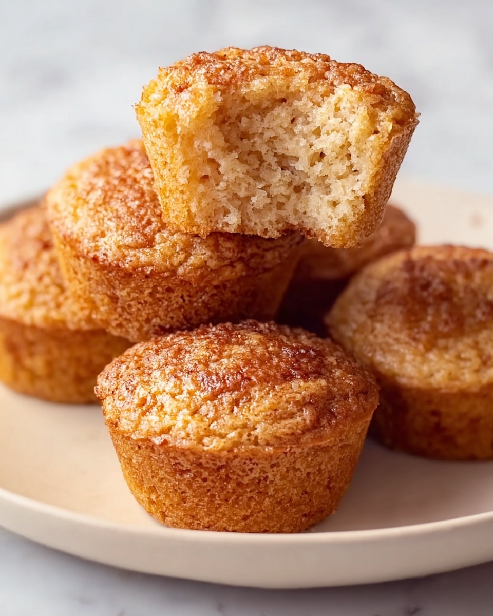 A close-up view of five small muffins stacked on a white plate, with one muffin on top showing a bite taken out, revealing a soft, light brown, fluffy inside with a slightly crumbly texture. The muffin tops have a golden-brown color with specks of darker brown, giving a slightly rough, baked appearance. The plate sits on a white marbled surface, adding a clean and elegant contrast to the warm colors of the muffins. photo taken with an iphone --ar 4:5 --v 7